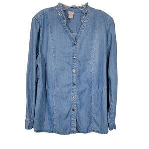 Chico's Women's 100% Lyocell Button Up Studded Denim Shirt Blue Size 2 / Large